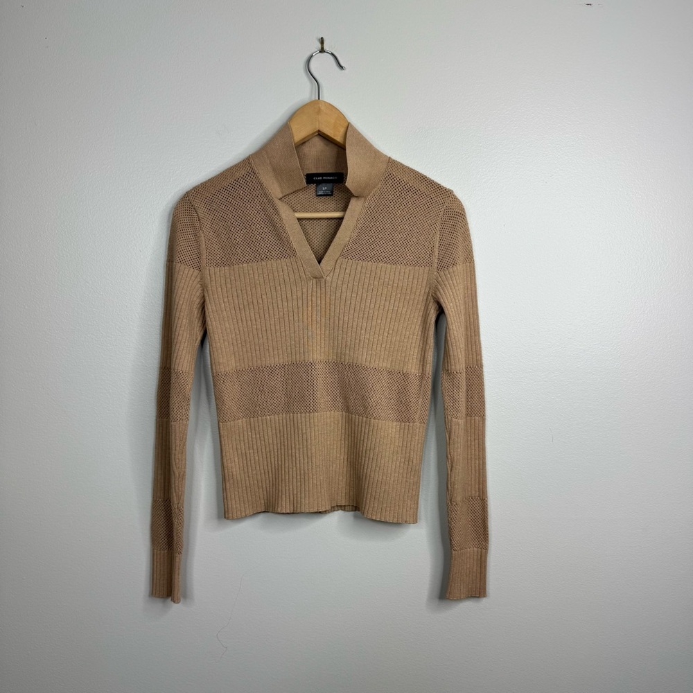Club Monaco Mixed Stitch Collared Sweater Small Tan